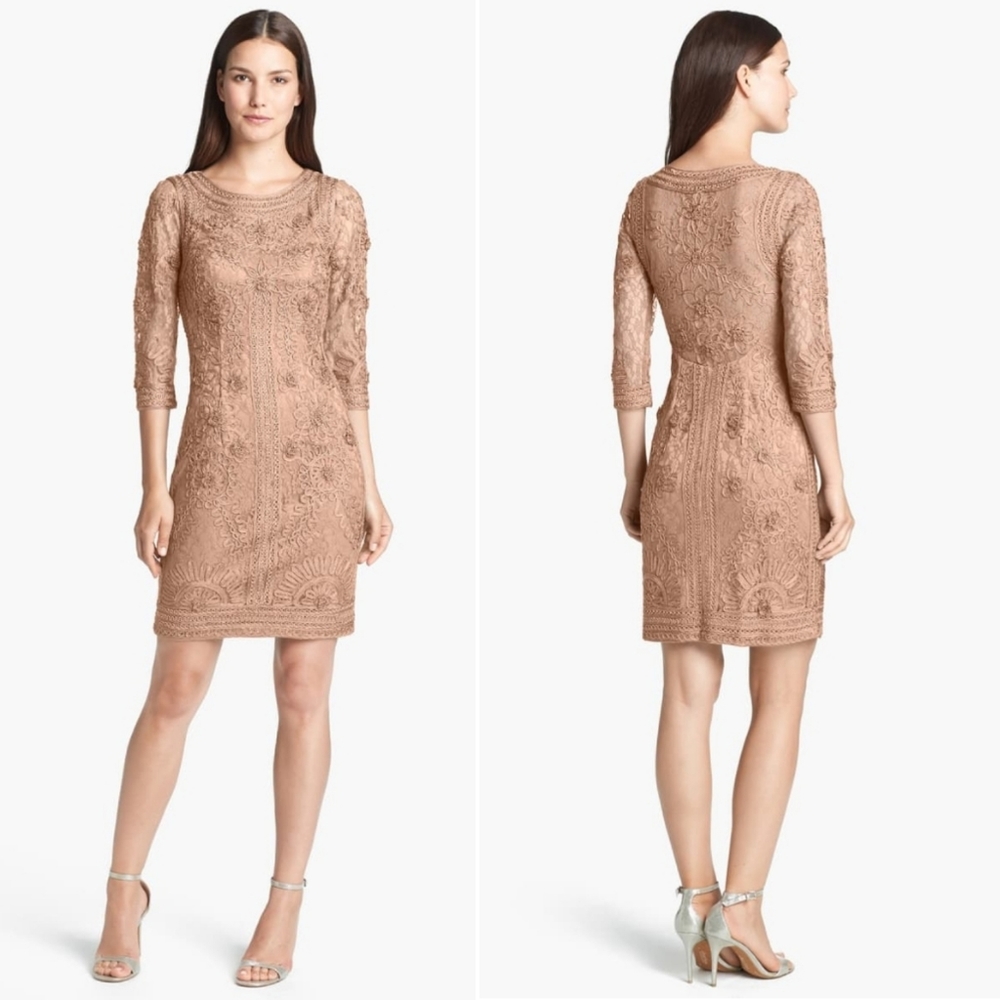 🆕️ Sue Wong Ribbon Trim Illusion Taupe Bodice Dress